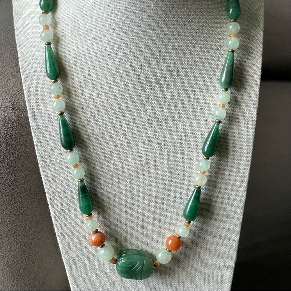 Vintage Mixed Natural Stone Green and Orange Beaded Necklace/Carved Pendant